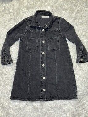 Zara Toddler Girl's 7 Black Denim Jean Shirt Dress Long Sleeve Collared Snap